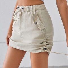 Women Clothing Summer Washed Drawstring Elastic Waist Denim Skirt