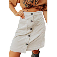 Women Autumn Winter Corduroy Skirt High Waist All Matching Skirt Breasted Design Skirt