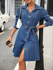 Retro Waist Controlled Slimming Long Sleeve Denim Dress Women Belted Button