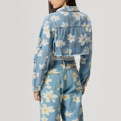 Women Clothing Floral Print All Match Short Denim Coat