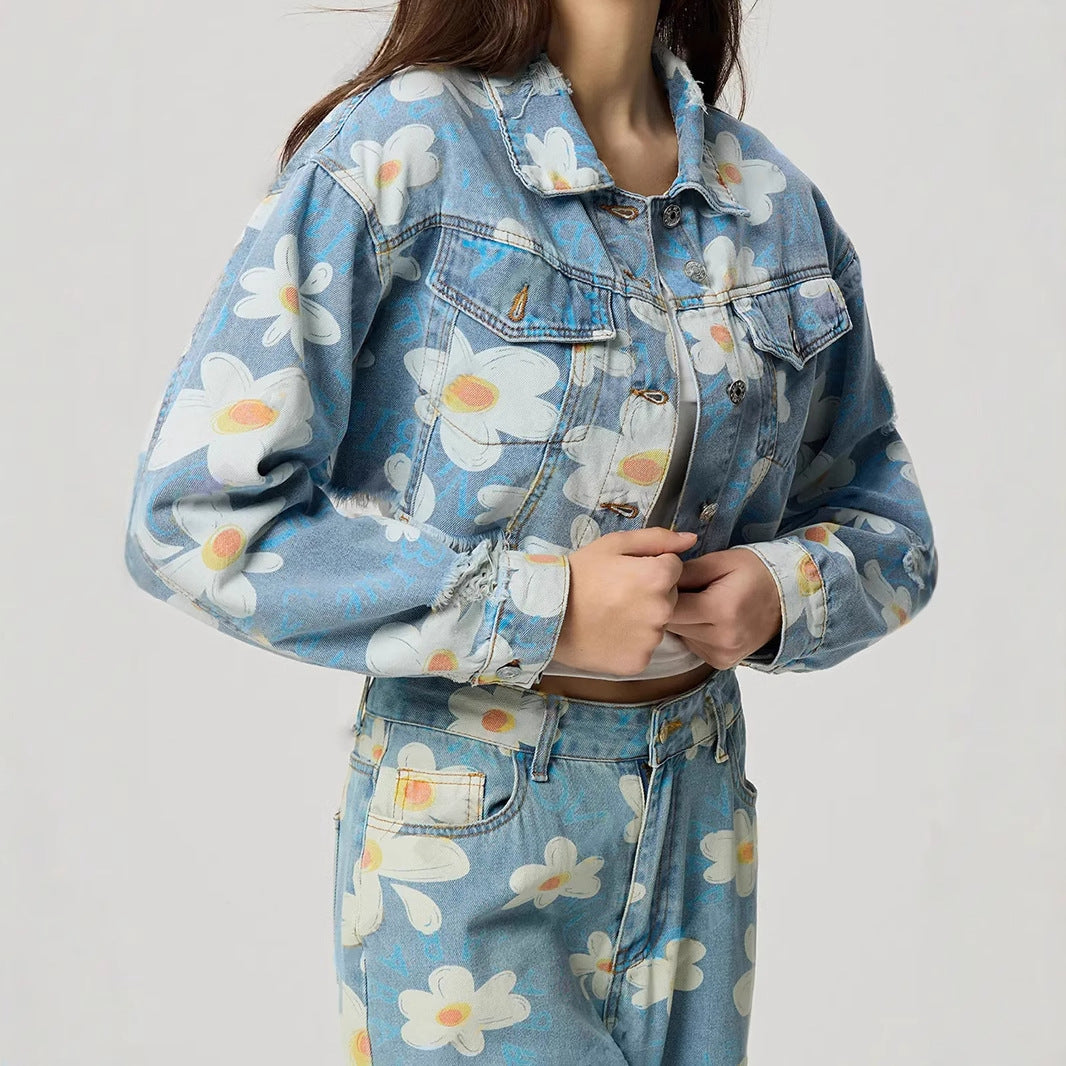 Women Clothing Floral Print All Match Short Denim Coat