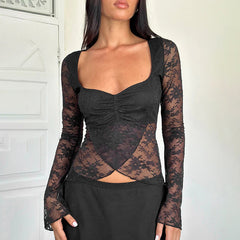 Spring Women Clothing Elegant Slim Lace Smock Top Women Long Sleeve
