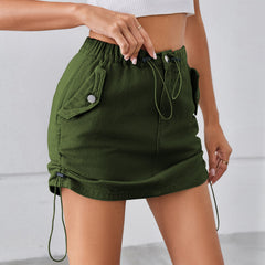 Women Clothing Summer Washed Drawstring Elastic Waist Denim Skirt