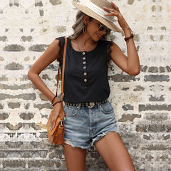Summer Solid Color Casual Top Lace Stitching Loose Black Vest for Women