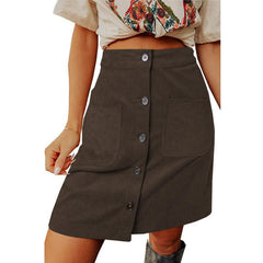Women Autumn Winter Corduroy Skirt High Waist All Matching Skirt Breasted Design Skirt