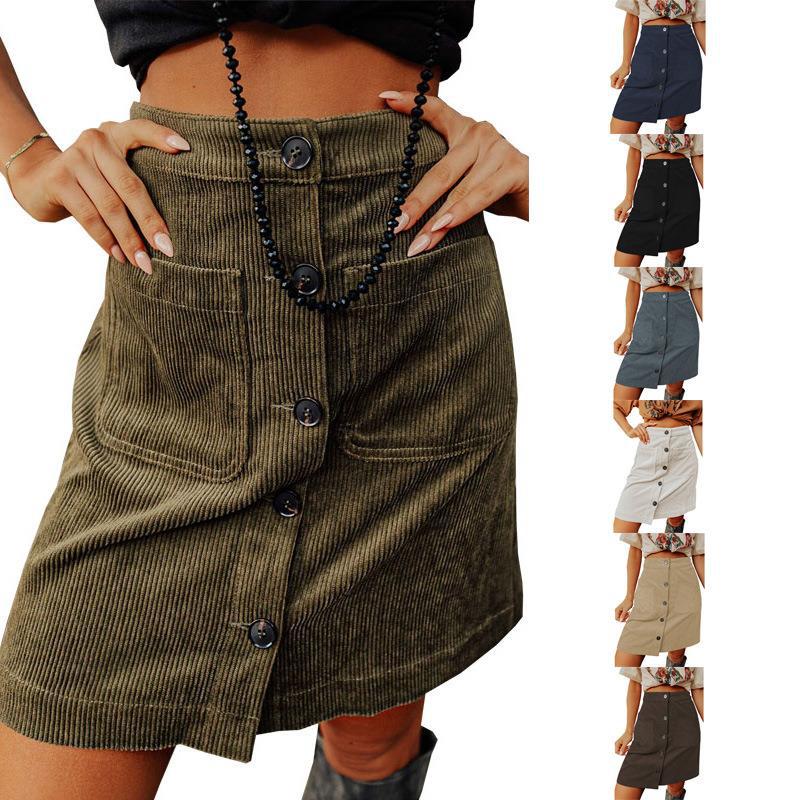 Women Autumn Winter Corduroy Skirt High Waist All Matching Skirt Breasted Design Skirt