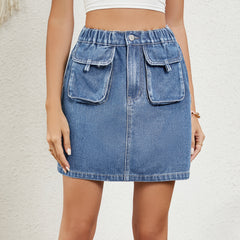 Spring Summer Washed Elastic Waist Denim Skirt