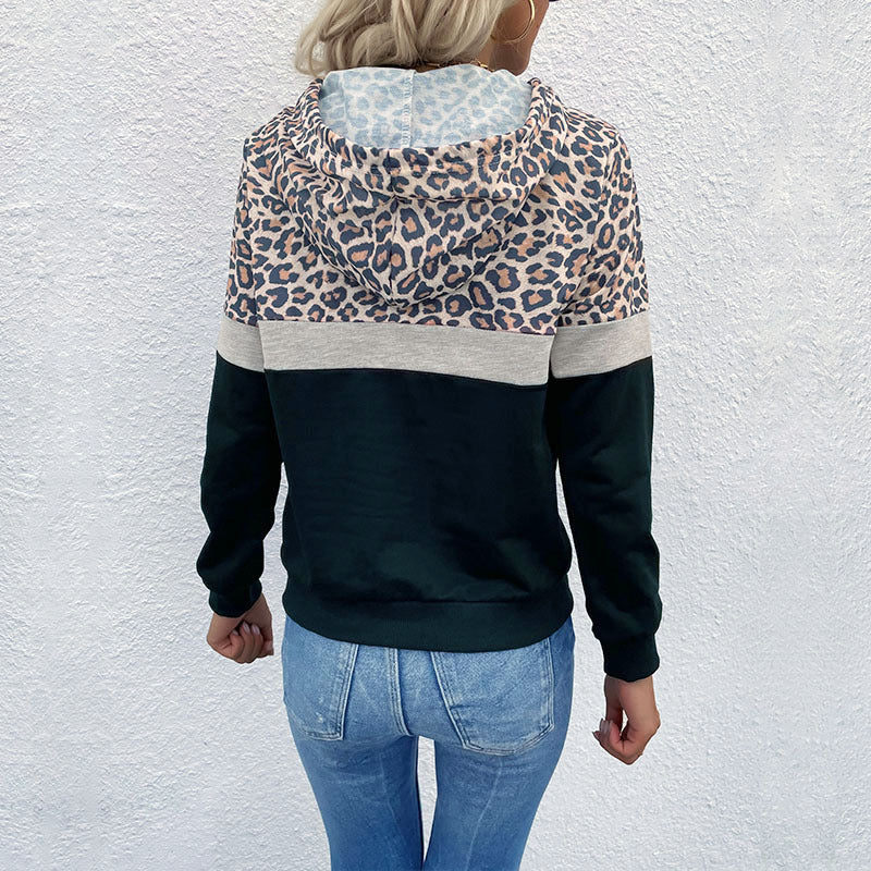 Autumn Women Clothing With Pocket Hoodie With Drawstrings Stitching Leopard Print Sweatshirt
