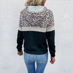 Autumn Women Clothing With Pocket Hoodie With Drawstrings Stitching Leopard Print Sweatshirt
