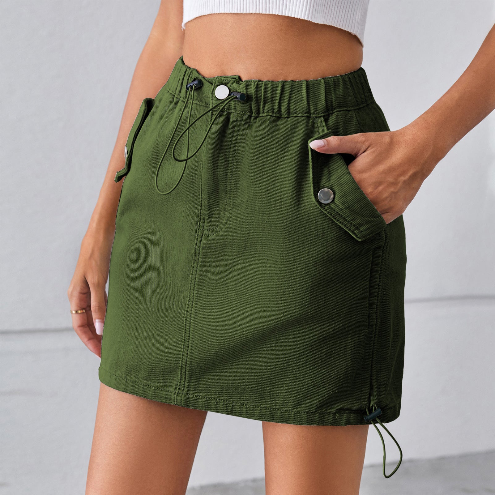Women Clothing Summer Washed Drawstring Elastic Waist Denim Skirt