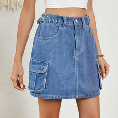 Women Summer Washed Adjustable Waist Denim Skirt Skirt