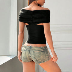 Sexy Spring Summer V neck Twisted T shirt Pleated off the Shoulder Short Slim Top