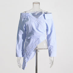 Irregular Asymmetric Striped Shirt Spring Strapless Sexy Collared Loose Waist Controlled Top Women
