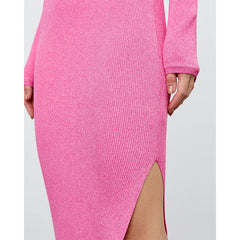 Crew Neck Split Knitted Dress Autumn Winter Wild Solid Color High Waist Tight Dress