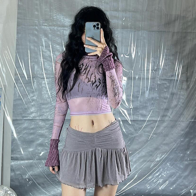 Pattern Printed Mesh Short Stitching Cropped Top Women
