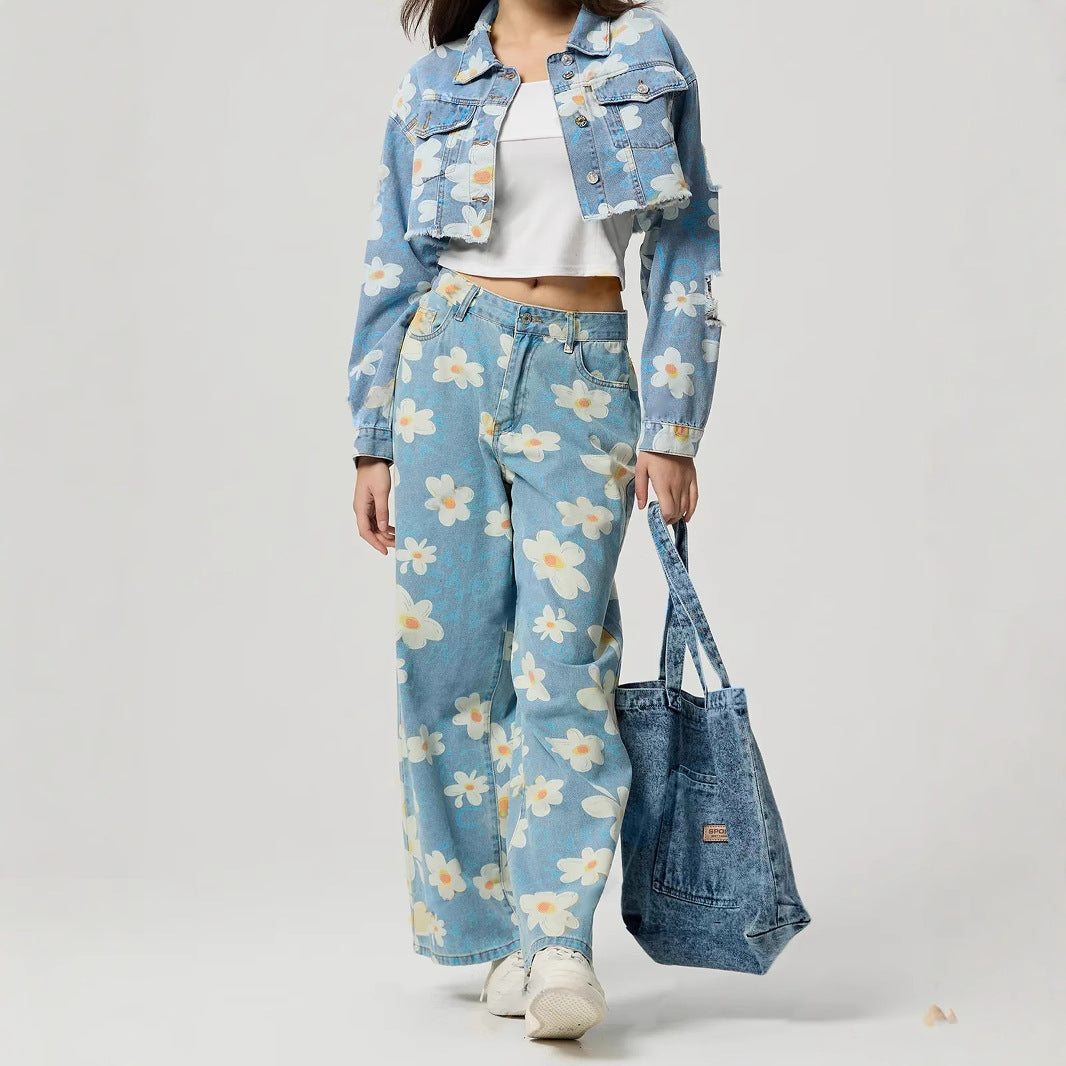 Women Clothing Floral Print All Match Short Denim Coat
