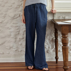 Cotton Linen Loose Wide Leg Pants Women Clothing Old Money Elastic Waist Drawstring Trousers Double Side Pocket Hemp Straight Leg Pants