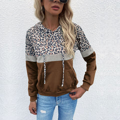 Autumn Women Clothing With Pocket Hoodie With Drawstrings Stitching Leopard Print Sweatshirt