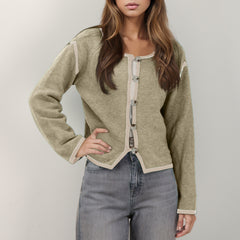 Autumn Winter Women Tops Contrast Color Button Cardigan Loose Long Sleeve Knitted Sweater