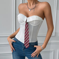 Sexy Low Cut Business Satin Tie Solid Color Boning Corset Lace up Steel Ring Top