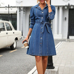 Retro Waist Controlled Slimming Long Sleeve Denim Dress Women Belted Button
