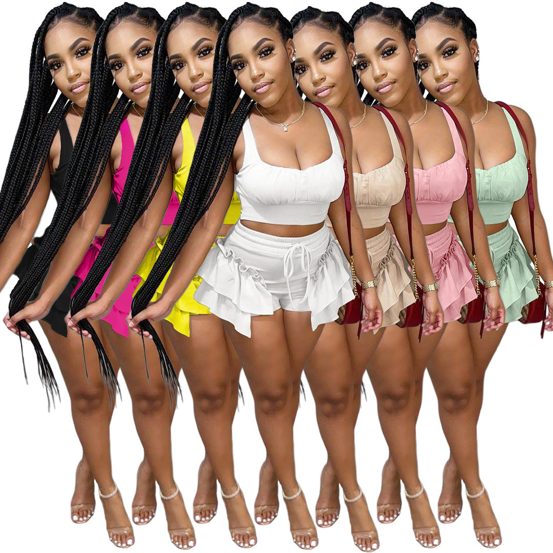 Women Clothing Nightclub Uniforms Solid Color Stringy Selvedge Strap Vest Shorts Two-Piece Set