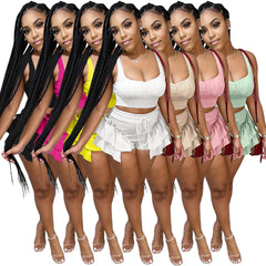 Women Clothing Nightclub Uniforms Solid Color Stringy Selvedge Strap Vest Shorts Two-Piece Set