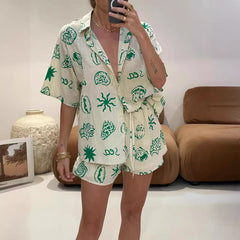 Spring Summer Women Clothing Printed Drawstring Loose Shirt Shorts Commuting Pants Two Piece Sets Women