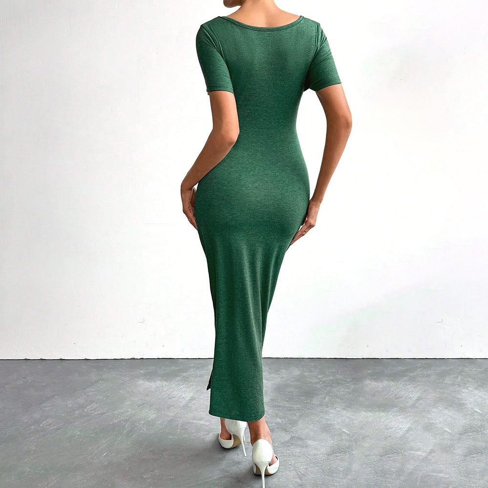 Sexy Waist Pleated Design Side Slit Slim Sheath Dress