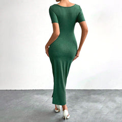 Sexy Waist Pleated Design Side Slit Slim Sheath Dress