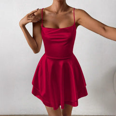 Spring Summer Women Clothing Sexy Backless Waist Trimming Sling Satin Mini Lotus Leaf Dress