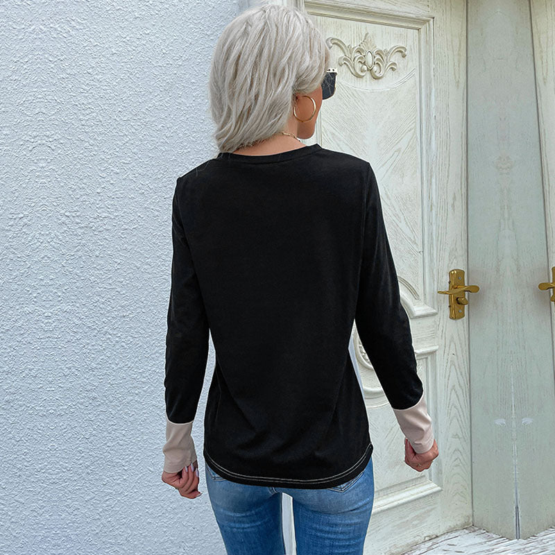 Women Clothing Loose Top Pullover Long Sleeve V neck Patchwork T shirt