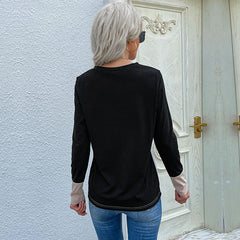 Women Clothing Loose Top Pullover Long Sleeve V neck Patchwork T shirt