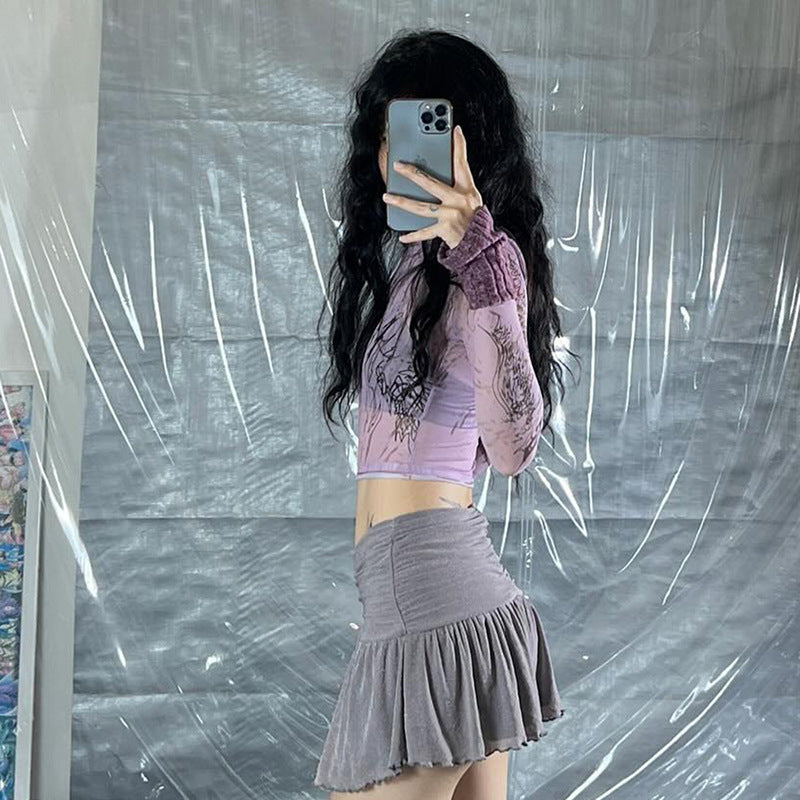 Pattern Printed Mesh Short Stitching Cropped Top Women
