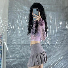 Pattern Printed Mesh Short Stitching Cropped Top Women