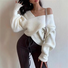 Autumn Winter Cross Irregular Asymmetric Design off Shoulder Loose Fitting Sweater