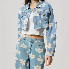 Women Clothing Floral Print All Match Short Denim Coat
