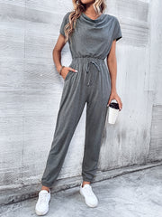 Women Clothing Short Sleeved Casual Wide Leg Jumpsuit
