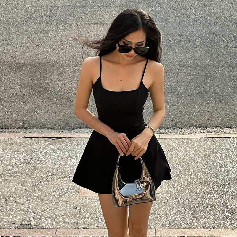Summer Suspender Sexy Square Neck Lace Trim Slim Fit Slit Sexy Dress