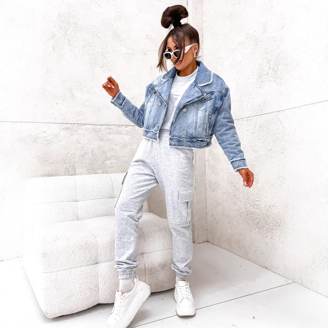 Women Collar Jacket Loose Wash Raw Edge Denim Women Long Sleeved Coat