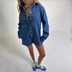 Fall Street Hipster Collared Long Sleeve Denim Jumpsuit