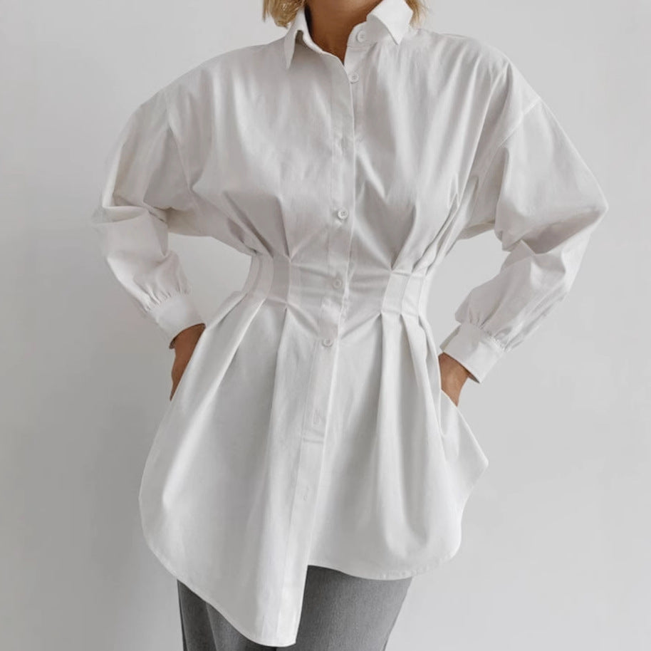 Slim Fit Cinched Pleated Collared Long Sleeve Shirt Autumn Winter Women Clothing