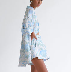 Printing Summer Women Casual Wear Loose Long Shirt High Waist Shorts with Belt Two Piece Set