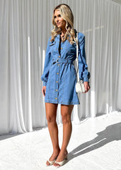 Denim Dress Women Autumn Winter Long Sleeved Denim Dress Washed Office Denim Dress