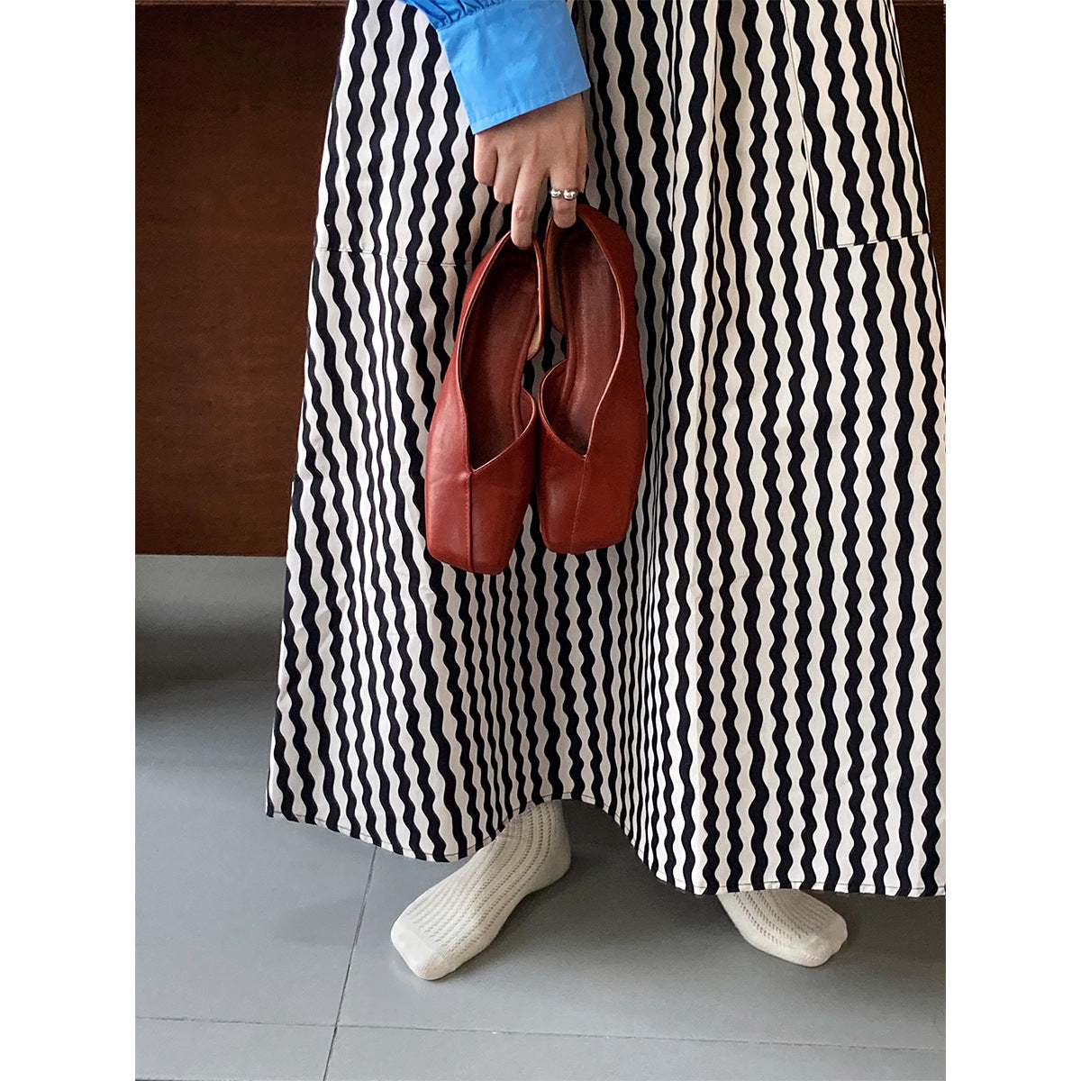 Artistic Vertical Striped Skirt Spring A line Large Hem Mid Length Skirt