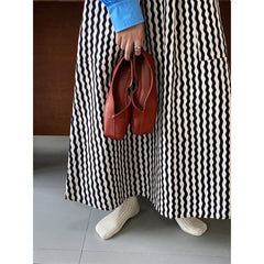 Artistic Vertical Striped Skirt Spring A line Large Hem Mid Length Skirt