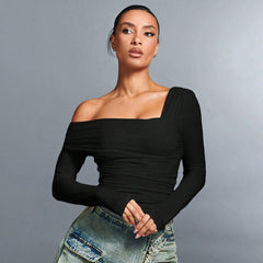 Women Clothing Sexy T shirt Autumn Winter Unique Design Square Collar Short Top