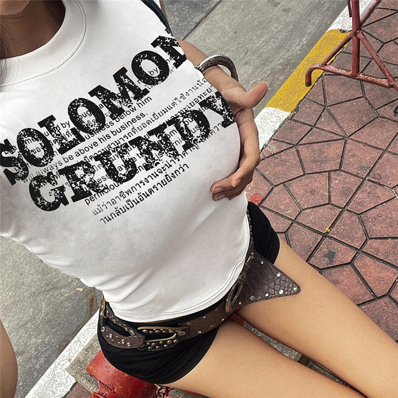 Spring Women Clothing Sexy Letter Graphic Printed All Matching Slim Fit Short Cropped Top