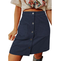 Women Autumn Winter Corduroy Skirt High Waist All Matching Skirt Breasted Design Skirt