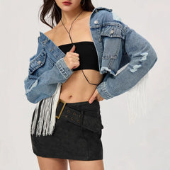 Women Clothing Personalized Street Short Tassel Ripped Denim Coat